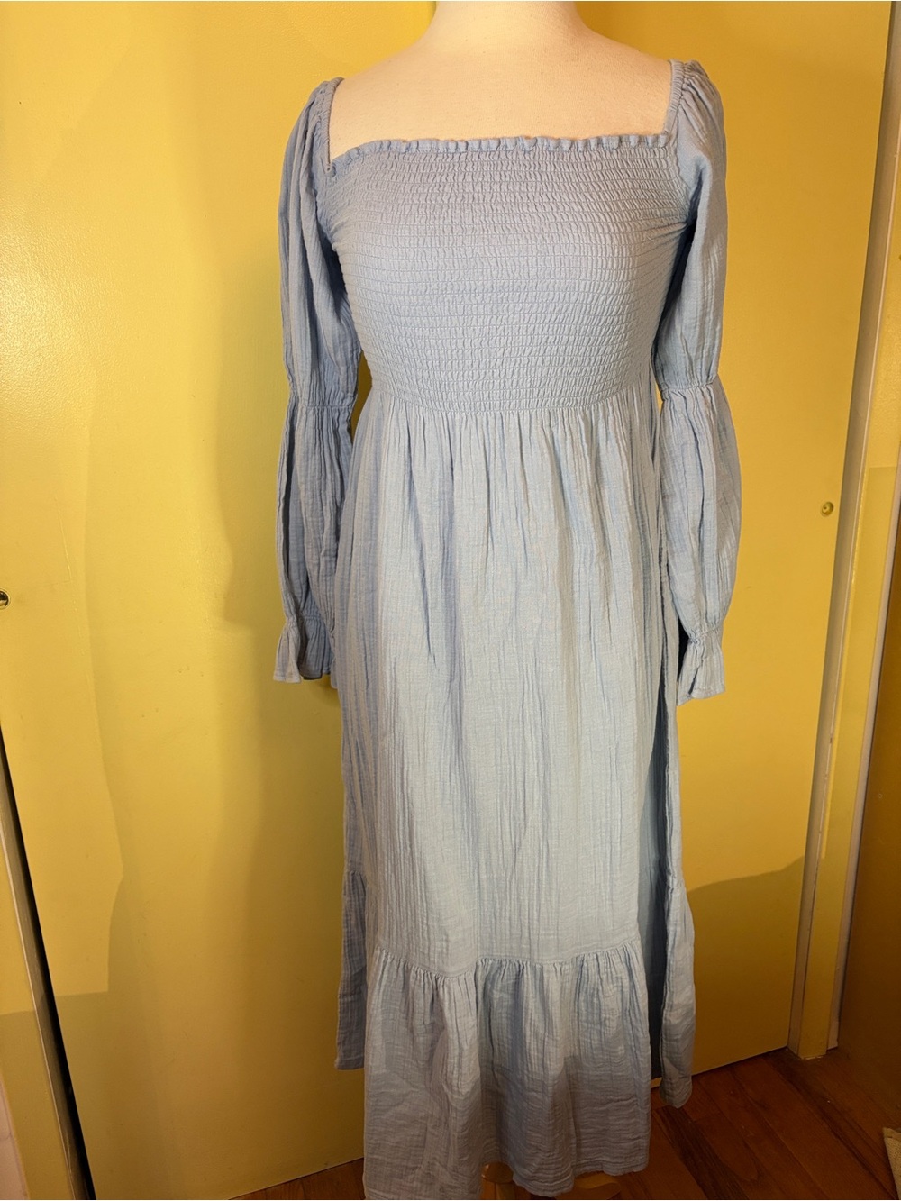 Quince Light Blue Puff-Sleeve Midi Dress- Maternt - Picture 2 of 11